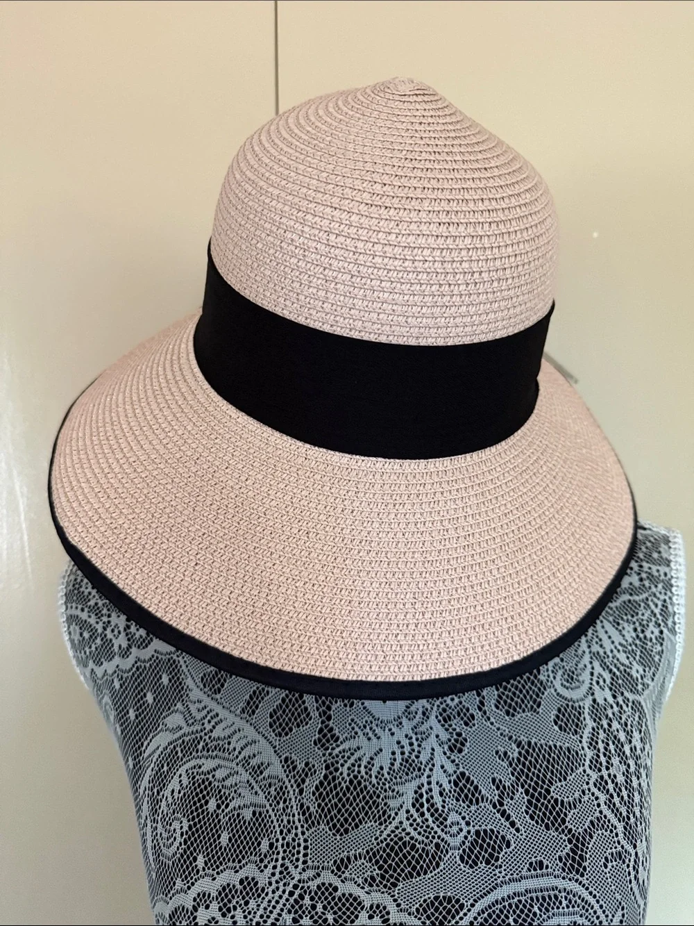 Magid Blush Pink Straw Cloche with Black Band